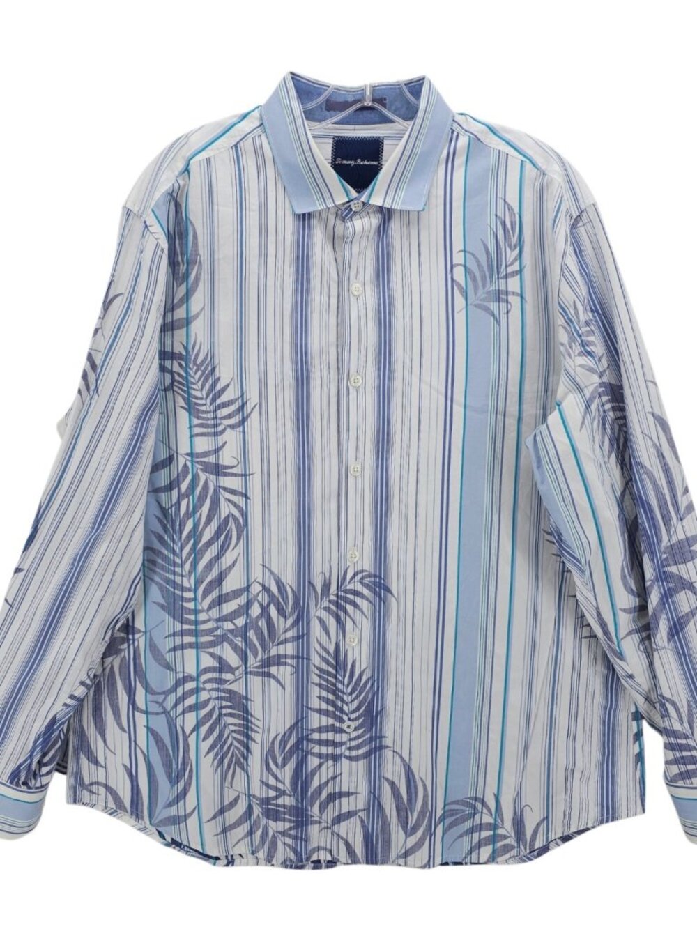 TOMMY BAHAMA Long Sleeve Shirt Leaf Print Striped Blue White Cotton Blend LARGE